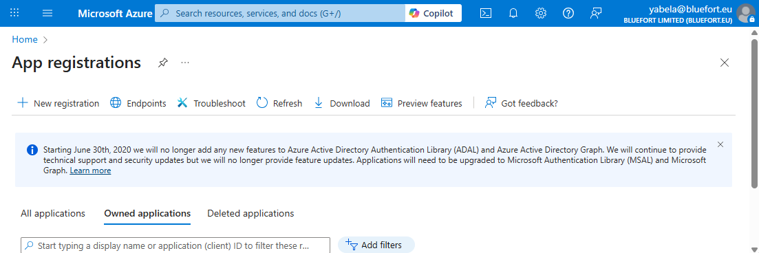 Create an Azure application registration - Bluefort Learn